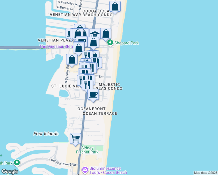 map of restaurants, bars, coffee shops, grocery stores, and more near 3740 Ocean Beach Boulevard in Cocoa Beach
