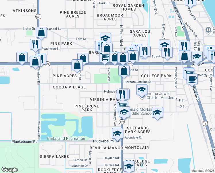 map of restaurants, bars, coffee shops, grocery stores, and more near 503 South Varr Avenue in Cocoa
