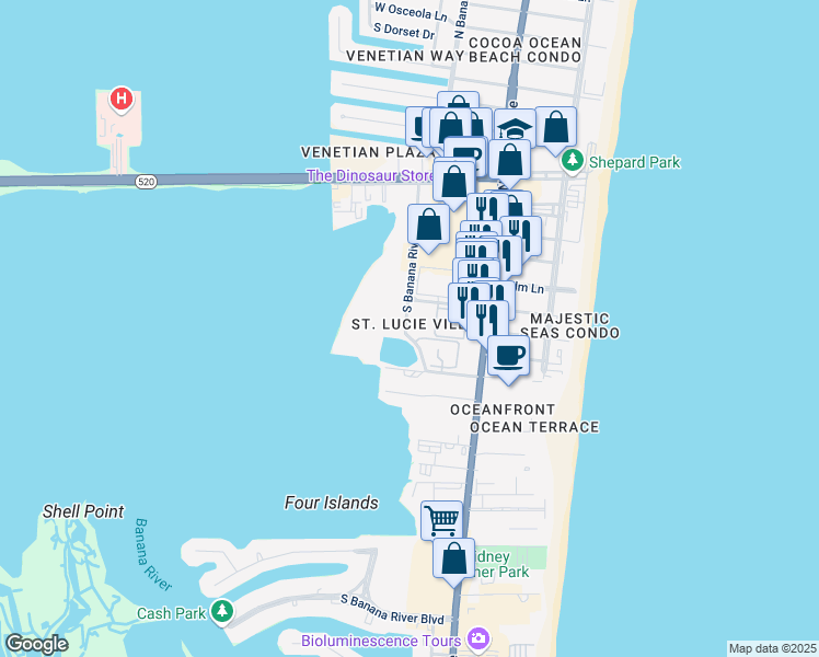 map of restaurants, bars, coffee shops, grocery stores, and more near 200 Saint Lucie Lane in Cocoa Beach