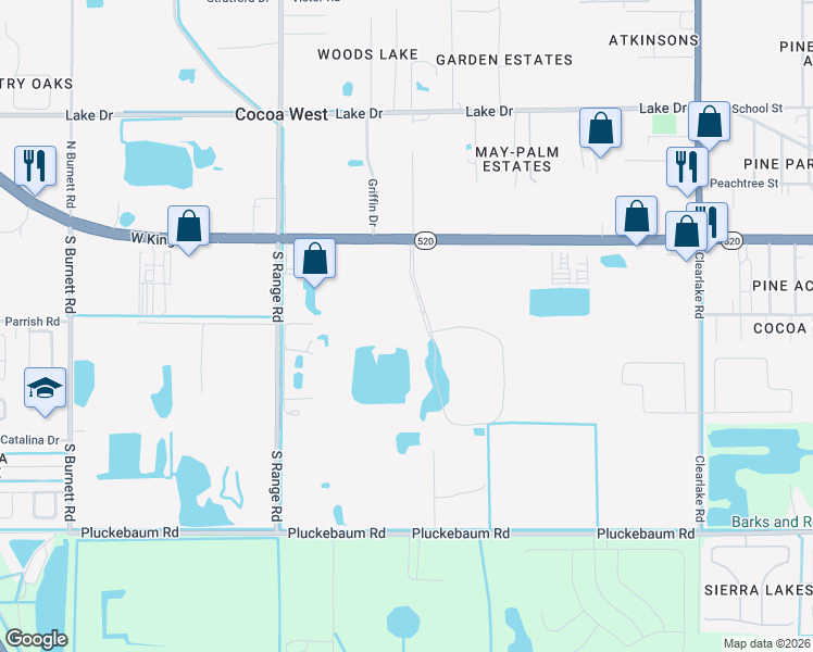 map of restaurants, bars, coffee shops, grocery stores, and more near 2091 West King Street in Cocoa