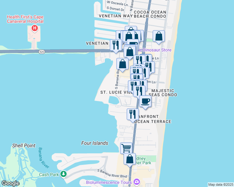 map of restaurants, bars, coffee shops, grocery stores, and more near 3833 South Banana River Boulevard in Cocoa Beach