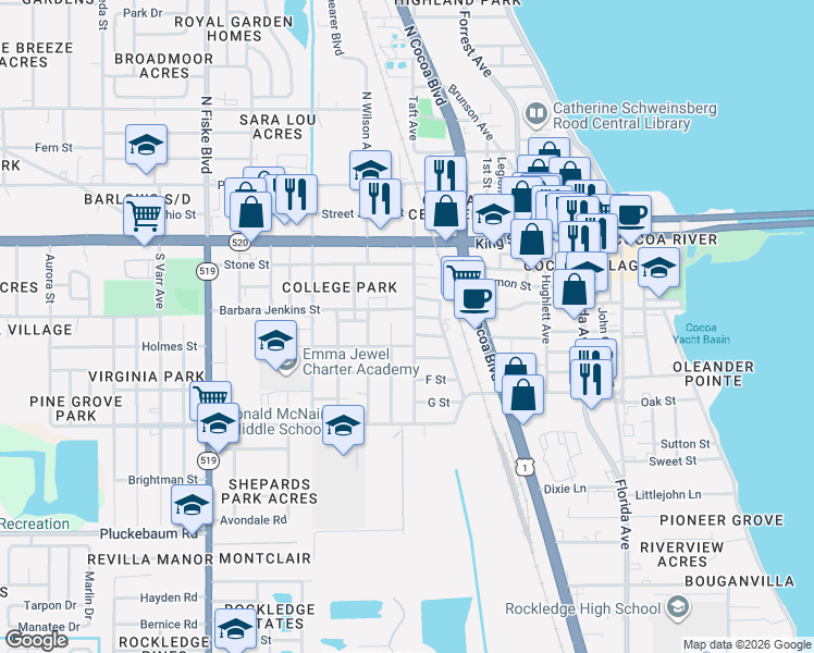 map of restaurants, bars, coffee shops, grocery stores, and more near 409 Barbara Jenkins Street in Cocoa