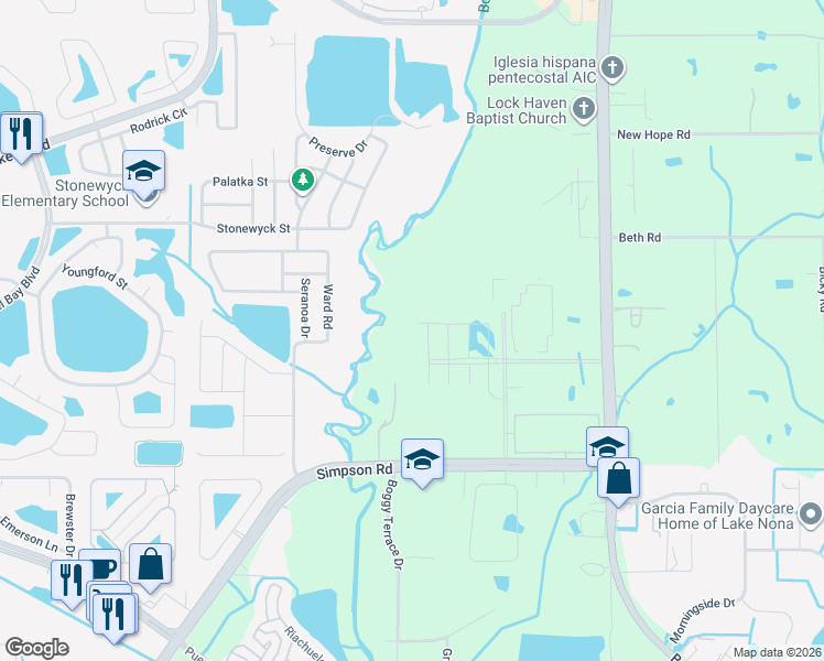 map of restaurants, bars, coffee shops, grocery stores, and more near 14700 Boggy Creek Road in Orlando