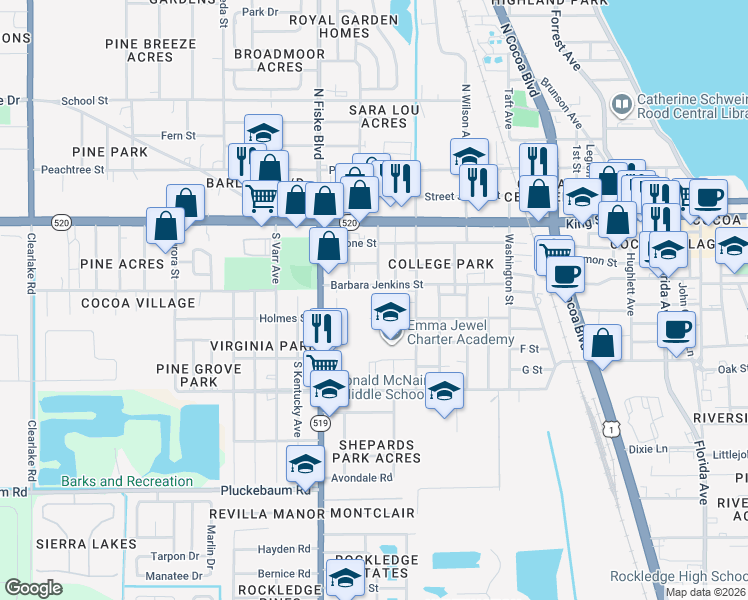 map of restaurants, bars, coffee shops, grocery stores, and more near 811 Barbara Jenkins Street in Cocoa