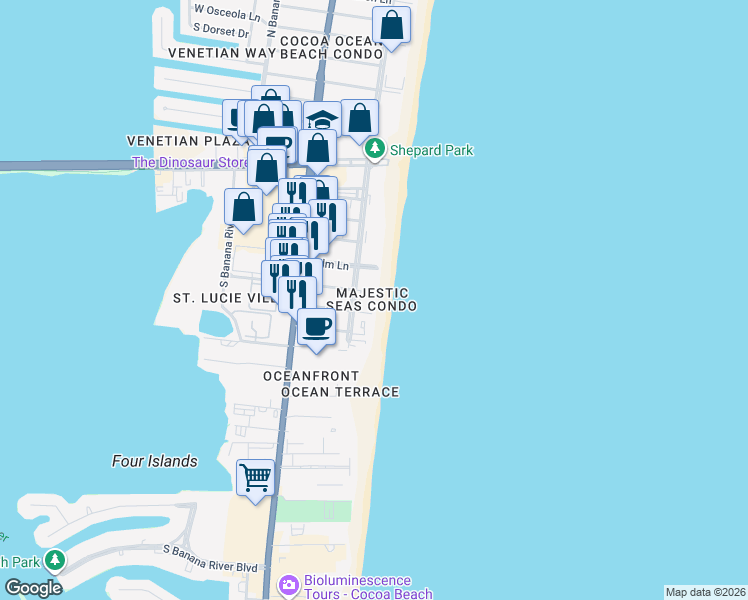 map of restaurants, bars, coffee shops, grocery stores, and more near 3740 Ocean Beach Boulevard in Cocoa Beach