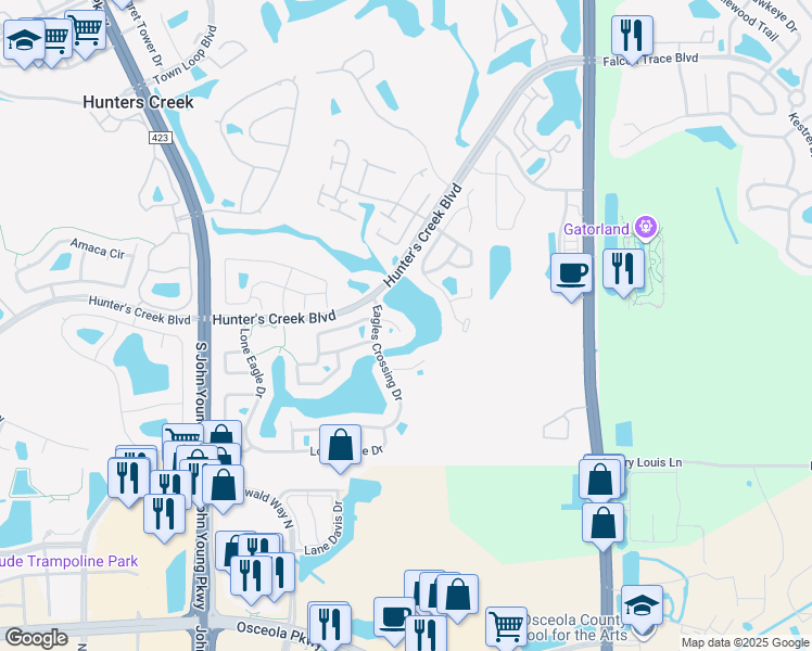 map of restaurants, bars, coffee shops, grocery stores, and more near 2607 Eagles Nest Court in Orlando