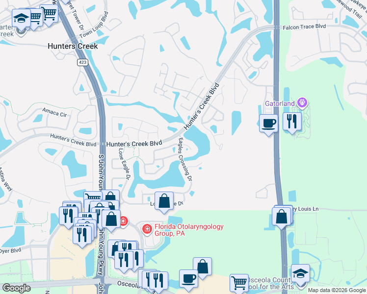 map of restaurants, bars, coffee shops, grocery stores, and more near 2631 Eagles Nest Court in Orlando