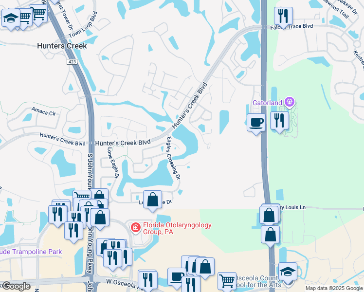 map of restaurants, bars, coffee shops, grocery stores, and more near 2607 Eagles Nest Court in Orlando