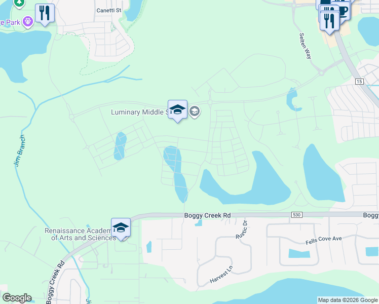 map of restaurants, bars, coffee shops, grocery stores, and more near 4580-4600 Boggy Creek Road in Kissimmee