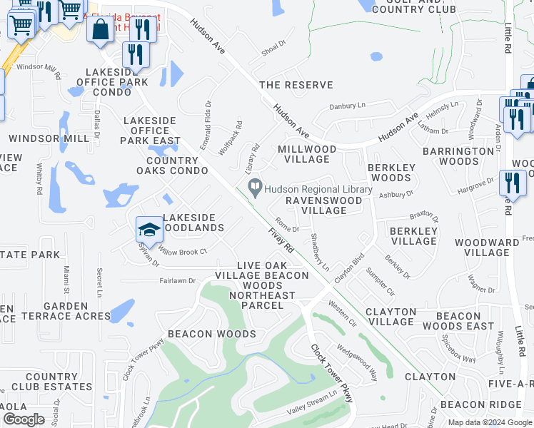 map of restaurants, bars, coffee shops, grocery stores, and more near 13415 Rome Drive in Hudson