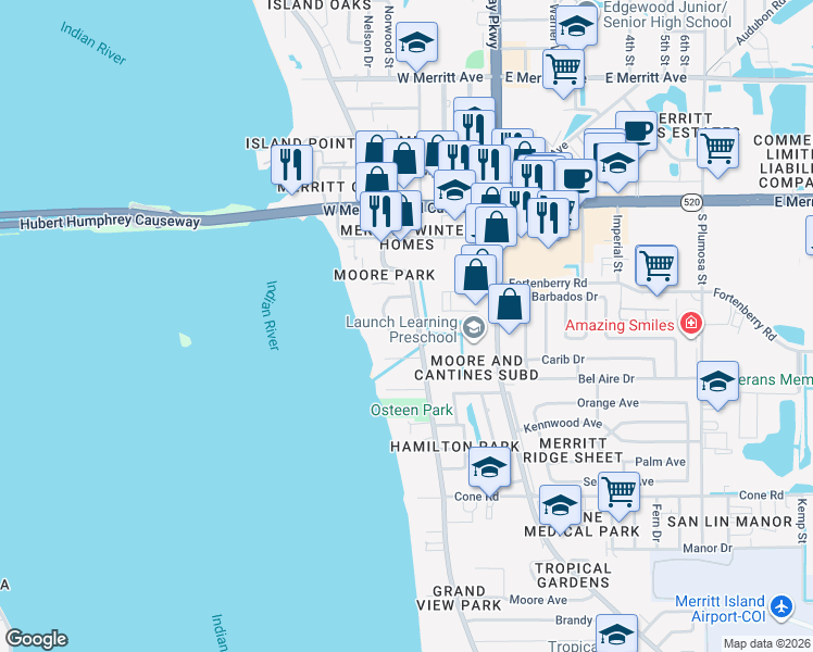 map of restaurants, bars, coffee shops, grocery stores, and more near 247 South Tropical Trail in Merritt Island