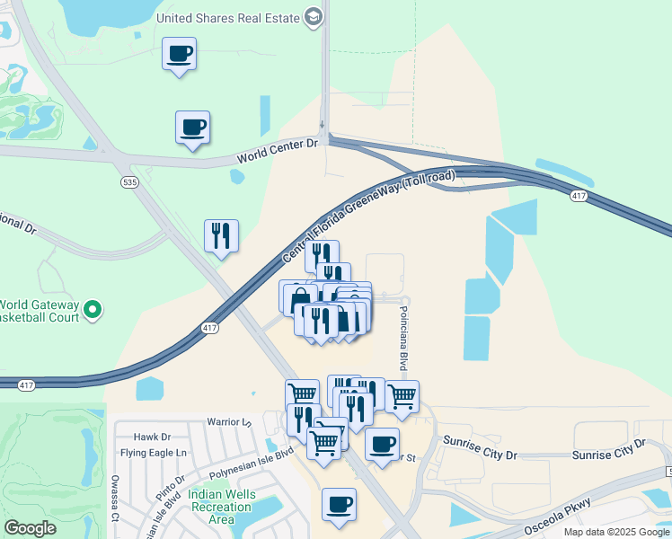 map of restaurants, bars, coffee shops, grocery stores, and more near 8125 Resort Village Drive in Orlando