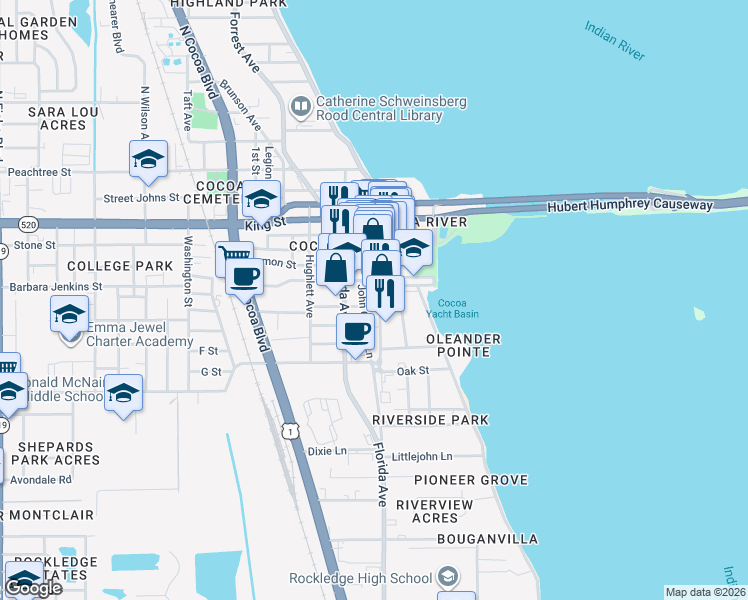 map of restaurants, bars, coffee shops, grocery stores, and more near 525 Brevard Avenue in Cocoa