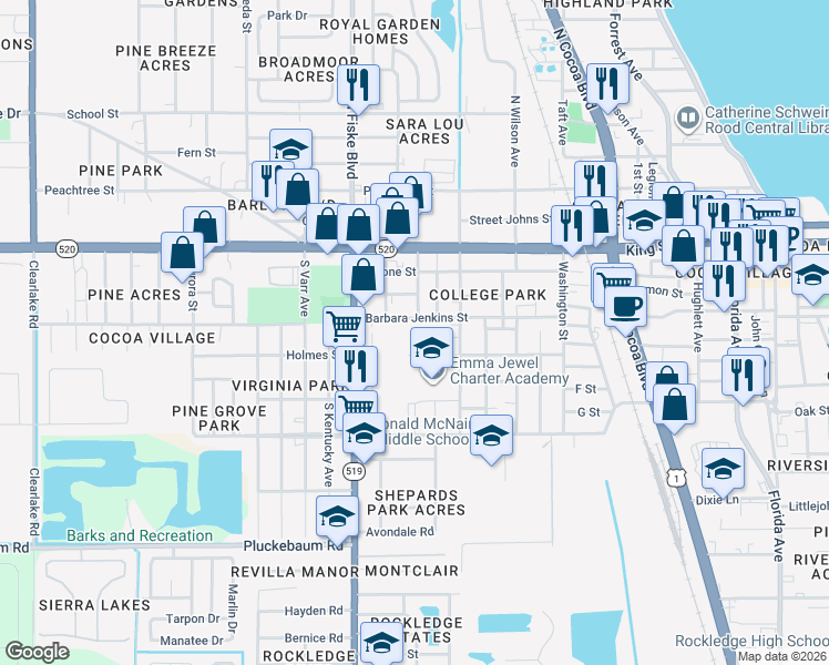 map of restaurants, bars, coffee shops, grocery stores, and more near 811 Barbara Jenkins Street in Cocoa