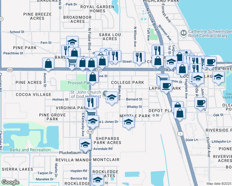 map of restaurants, bars, coffee shops, grocery stores, and more near 714 Thomas Lane in Cocoa