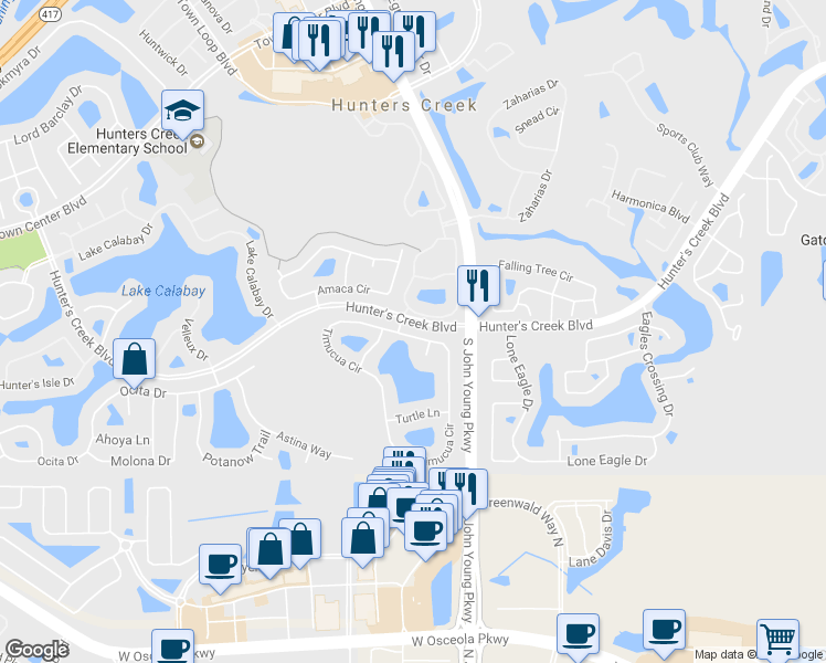 map of restaurants, bars, coffee shops, grocery stores, and more near 3105 Timucua Circle in Orlando