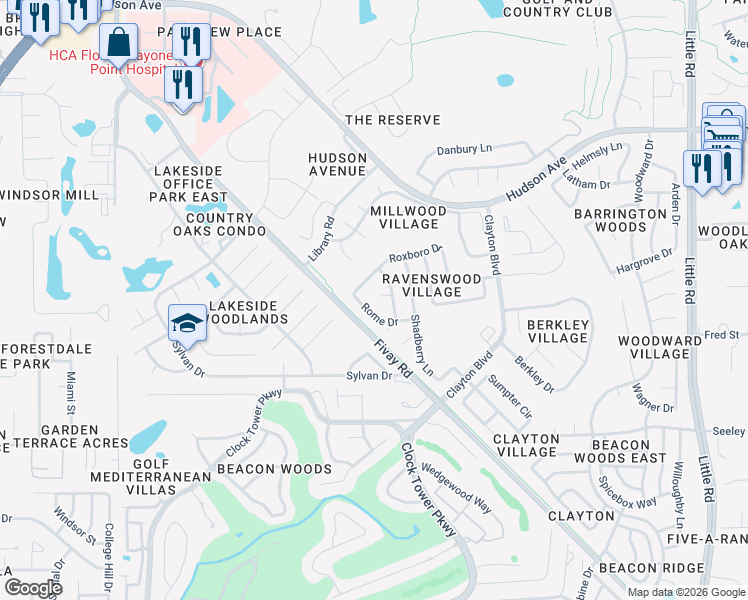 map of restaurants, bars, coffee shops, grocery stores, and more near 8108 Rumford Court in Hudson