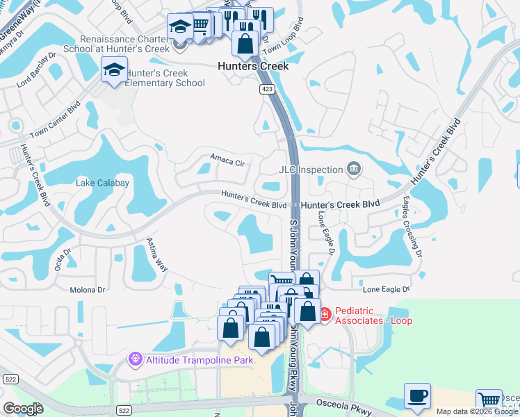 map of restaurants, bars, coffee shops, grocery stores, and more near 3105 Timucua Circle in Orlando