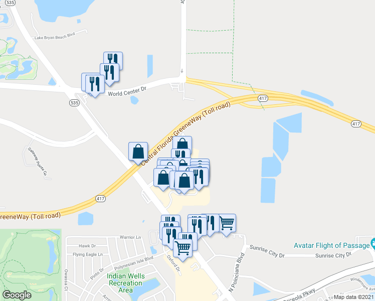 map of restaurants, bars, coffee shops, grocery stores, and more near 8125 Resort Village Drive in Orlando