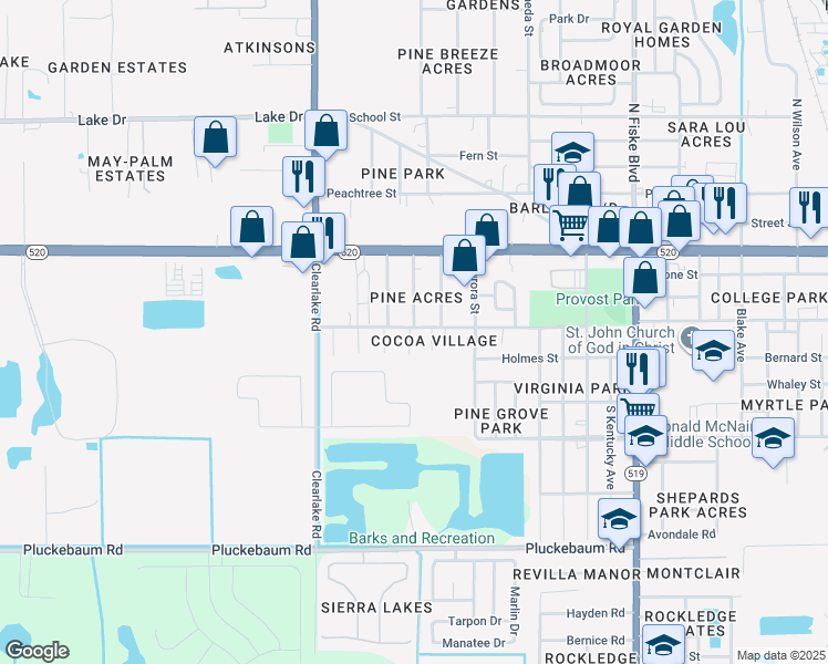 map of restaurants, bars, coffee shops, grocery stores, and more near 204 Virginia Avenue in Cocoa