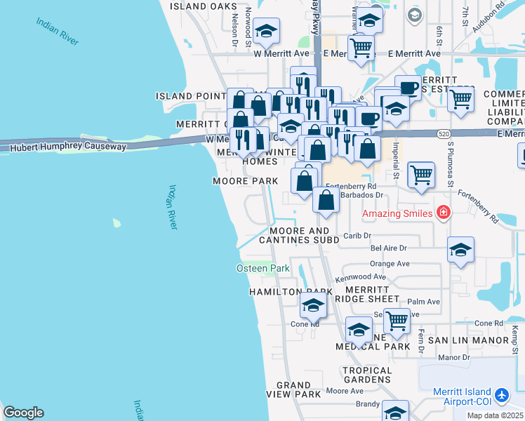 map of restaurants, bars, coffee shops, grocery stores, and more near 255 South Tropical Trail in Merritt Island