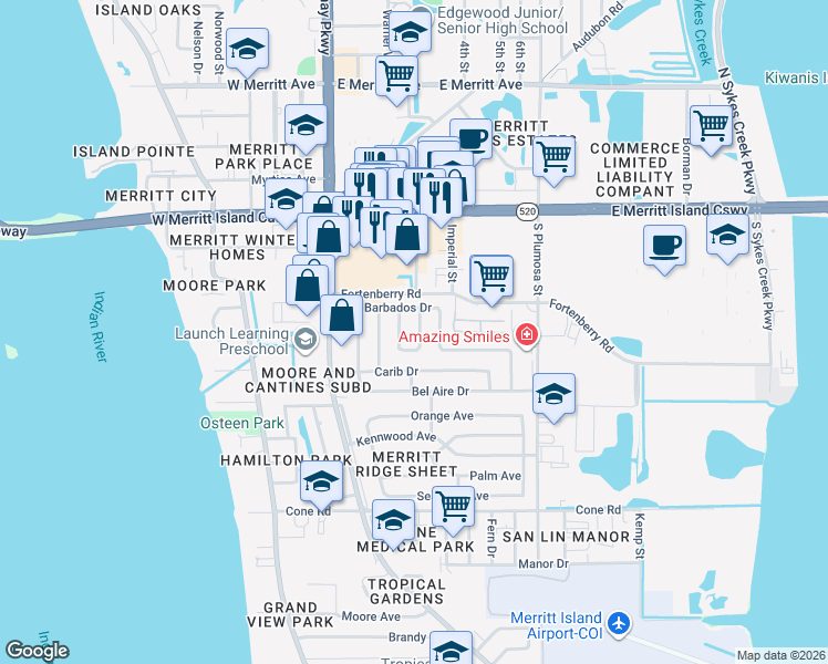 map of restaurants, bars, coffee shops, grocery stores, and more near 265 East Lauren Court in Merritt Island