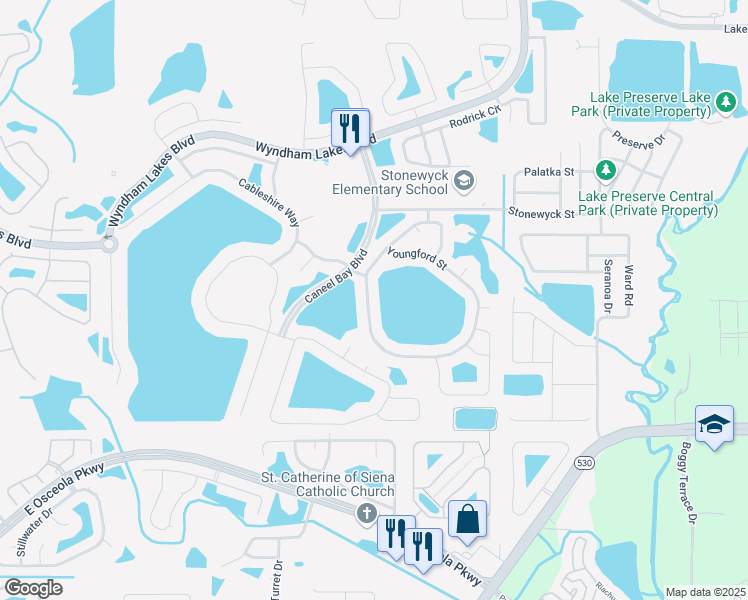 map of restaurants, bars, coffee shops, grocery stores, and more near 3052 Youngford Street in Orlando