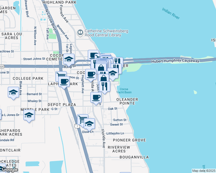 map of restaurants, bars, coffee shops, grocery stores, and more near 503 Delannoy Avenue in Cocoa
