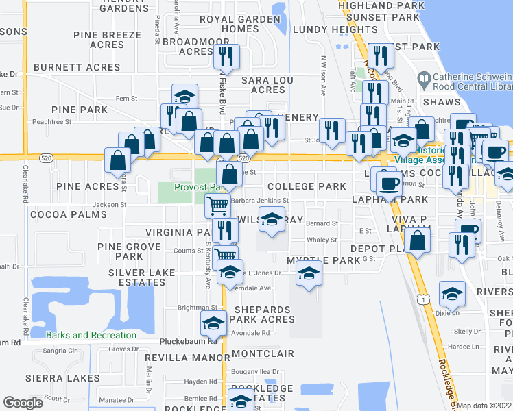 map of restaurants, bars, coffee shops, grocery stores, and more near 811 Barbara Jenkins Street in Cocoa