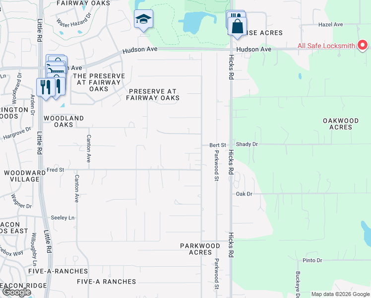 map of restaurants, bars, coffee shops, grocery stores, and more near 9739 Tom Street in Hudson