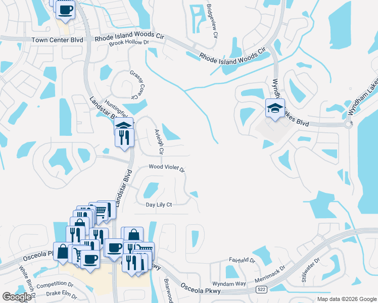 map of restaurants, bars, coffee shops, grocery stores, and more near 1717 Elmstead Court in Orlando