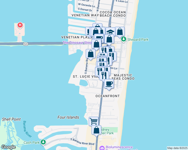 map of restaurants, bars, coffee shops, grocery stores, and more near 200 Saint Lucie Lane in Cocoa Beach