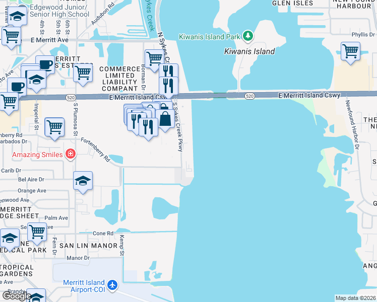 map of restaurants, bars, coffee shops, grocery stores, and more near 250 South Sykes Creek Parkway in Merritt Island