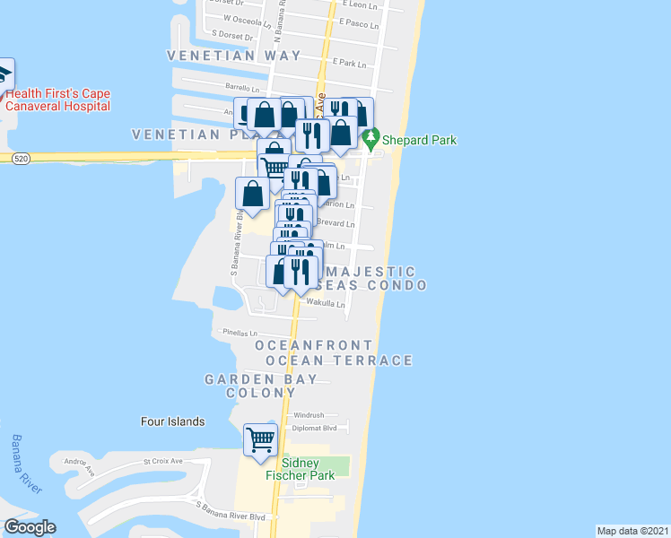 map of restaurants, bars, coffee shops, grocery stores, and more near 118 Saint Lucie Lane in Cocoa Beach