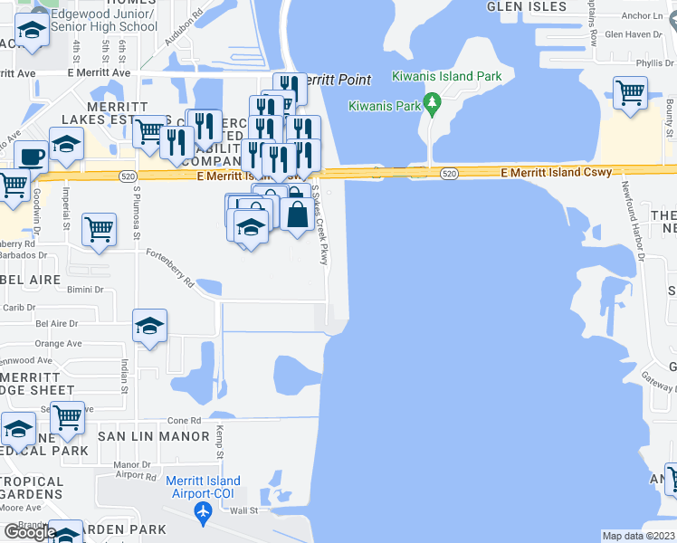 map of restaurants, bars, coffee shops, grocery stores, and more near 250 South Sykes Creek Parkway in Merritt Island