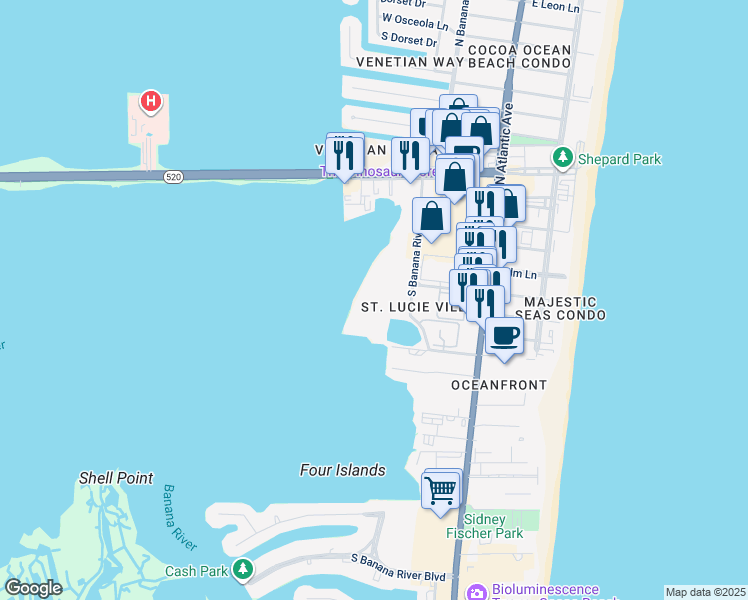 map of restaurants, bars, coffee shops, grocery stores, and more near 5 South Banana River Boulevard in Cocoa Beach