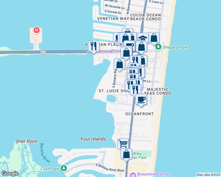 map of restaurants, bars, coffee shops, grocery stores, and more near 5 South Banana River Boulevard in Cocoa Beach