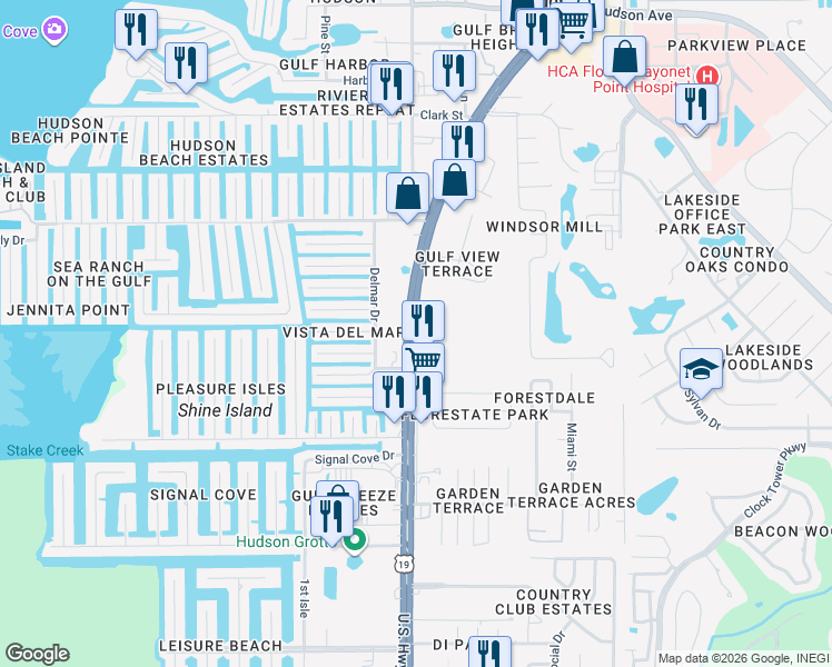 map of restaurants, bars, coffee shops, grocery stores, and more near 6919 Puffin Lane in Hudson