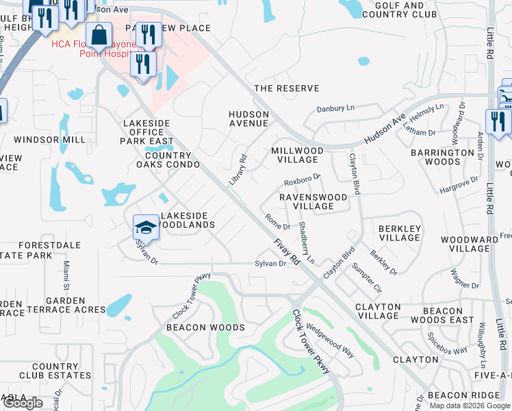 map of restaurants, bars, coffee shops, grocery stores, and more near 8012 Library Road in Hudson