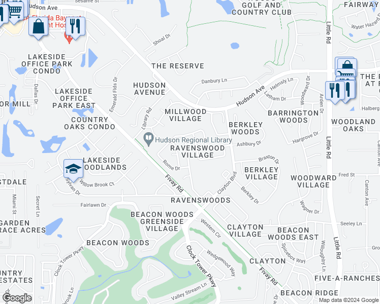 map of restaurants, bars, coffee shops, grocery stores, and more near 13410 Shadberry Lane in Hudson