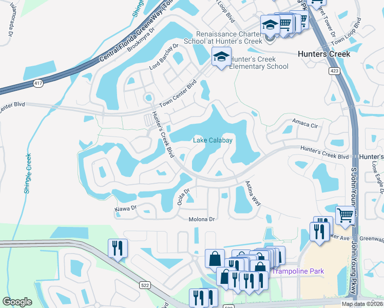 map of restaurants, bars, coffee shops, grocery stores, and more near 14637 Heathermere Lane in Orlando