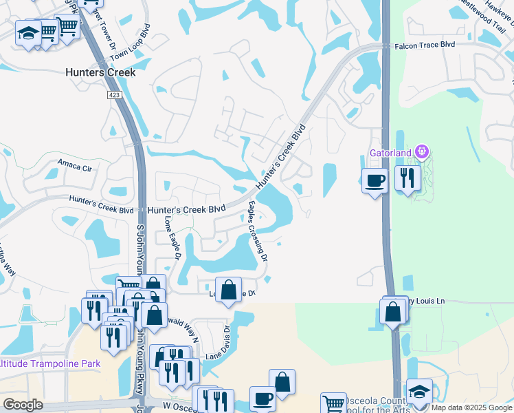 map of restaurants, bars, coffee shops, grocery stores, and more near 2631 Eagles Nest Court in Orlando