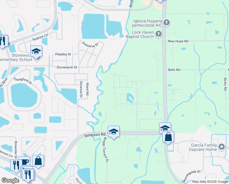 map of restaurants, bars, coffee shops, grocery stores, and more near 14700 Boggy Creek Road in Orlando