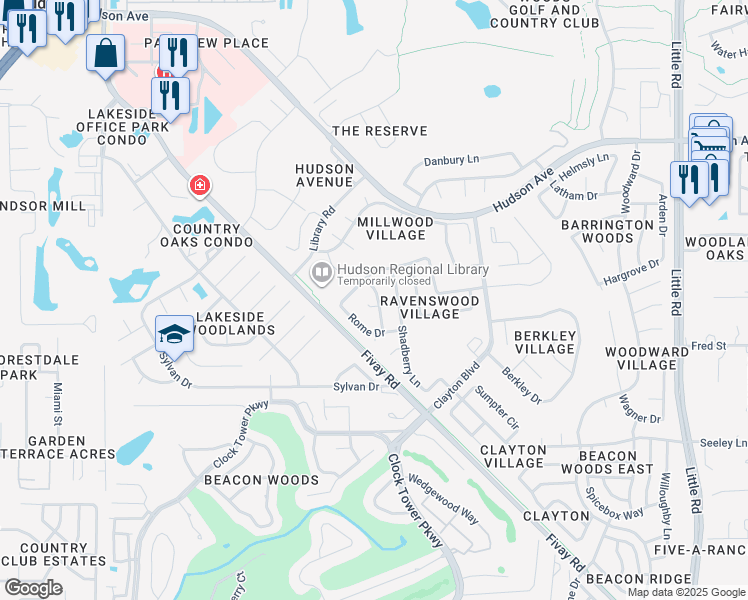 map of restaurants, bars, coffee shops, grocery stores, and more near 13409 Rayburn Road in Hudson
