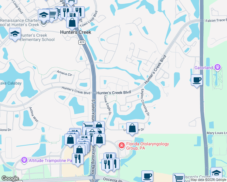 map of restaurants, bars, coffee shops, grocery stores, and more near 14533 Redmeadow Court in Orlando