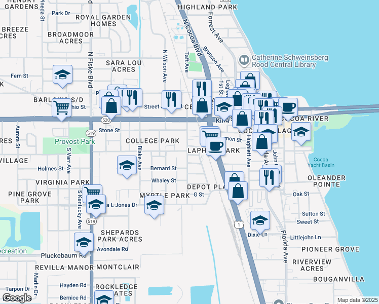 map of restaurants, bars, coffee shops, grocery stores, and more near 360 Lucas Lane in Cocoa