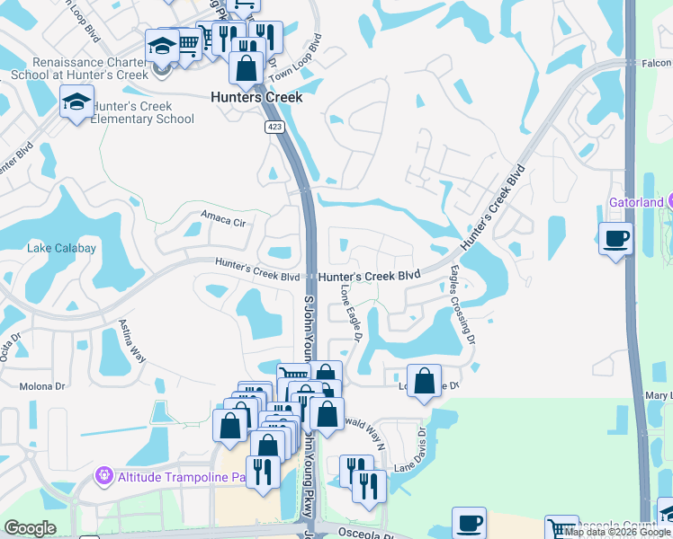 map of restaurants, bars, coffee shops, grocery stores, and more near 2897 Falling Tree Circle in Orlando