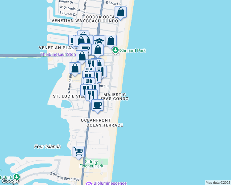map of restaurants, bars, coffee shops, grocery stores, and more near 3740 Ocean Beach Boulevard in Cocoa Beach