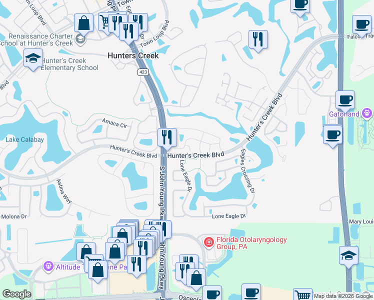 map of restaurants, bars, coffee shops, grocery stores, and more near 14533 Redmeadow Court in Orlando