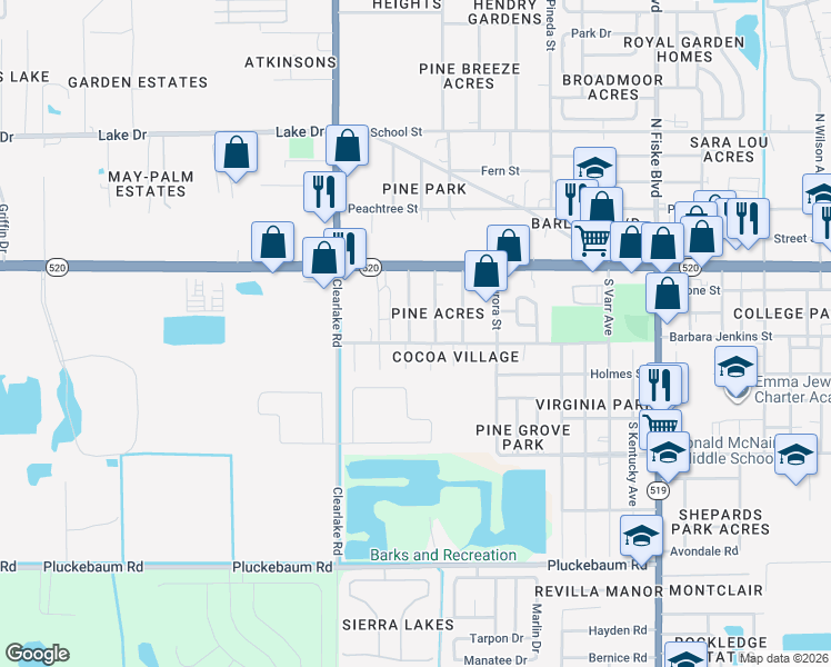 map of restaurants, bars, coffee shops, grocery stores, and more near 148 Grace Avenue in Cocoa